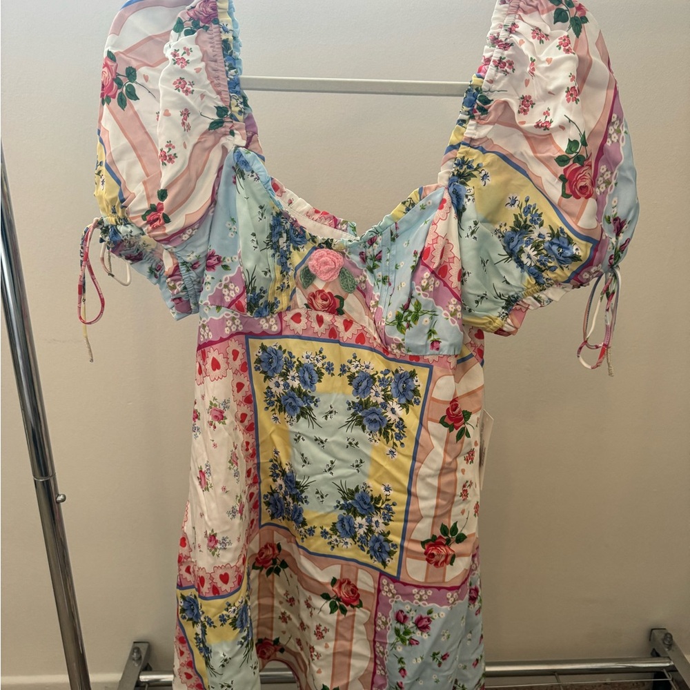 Floral Patchwork Puff Sleeve Dress
